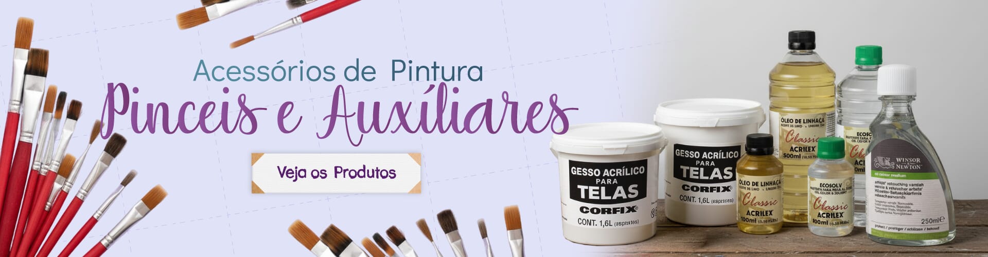 Banner produtos para pintura em tela com pincéis espátulas paletas telas e molduras artísticas