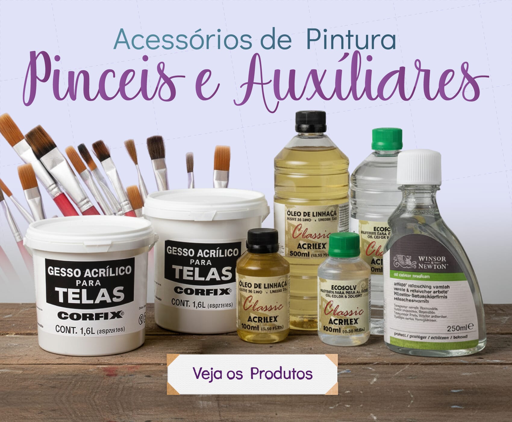 Banner produtos para pintura em tela com pincéis espátulas paletas telas e molduras artísticas