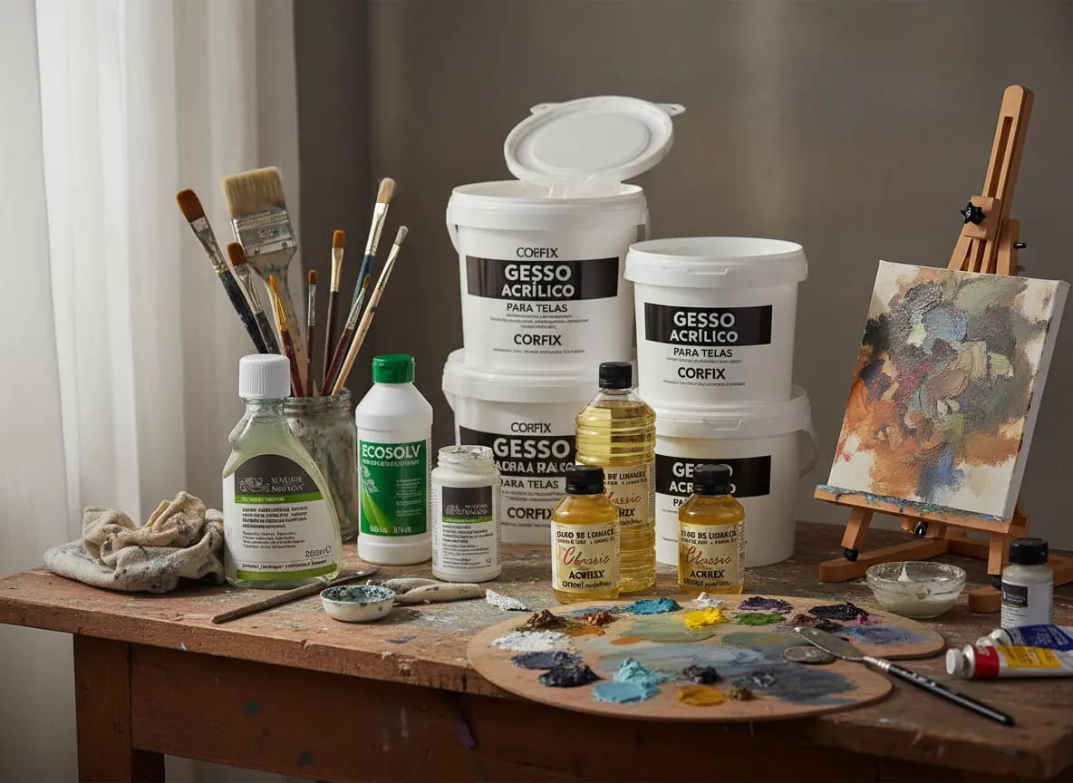 Auxiliares para pintura em tela como Gesso Acrílico Corfix e Óleo de Linhaça Acrilex na loja Encantos e Cores Sorocaba