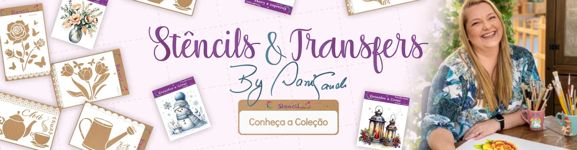Banner transfer têxtil e stencil exclusivos fabricação própria Encantos e Cores artesanato Sorocaba